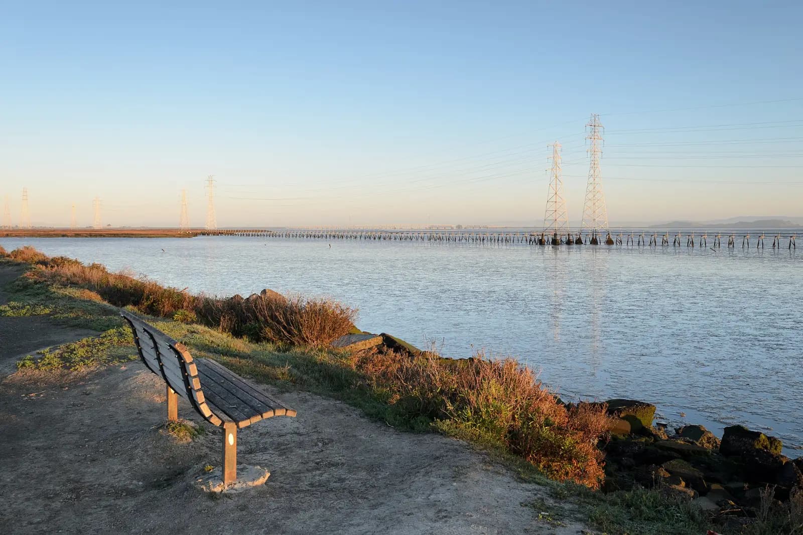 A bench overlooking the water at the Palo Alto Baylands nature preserve