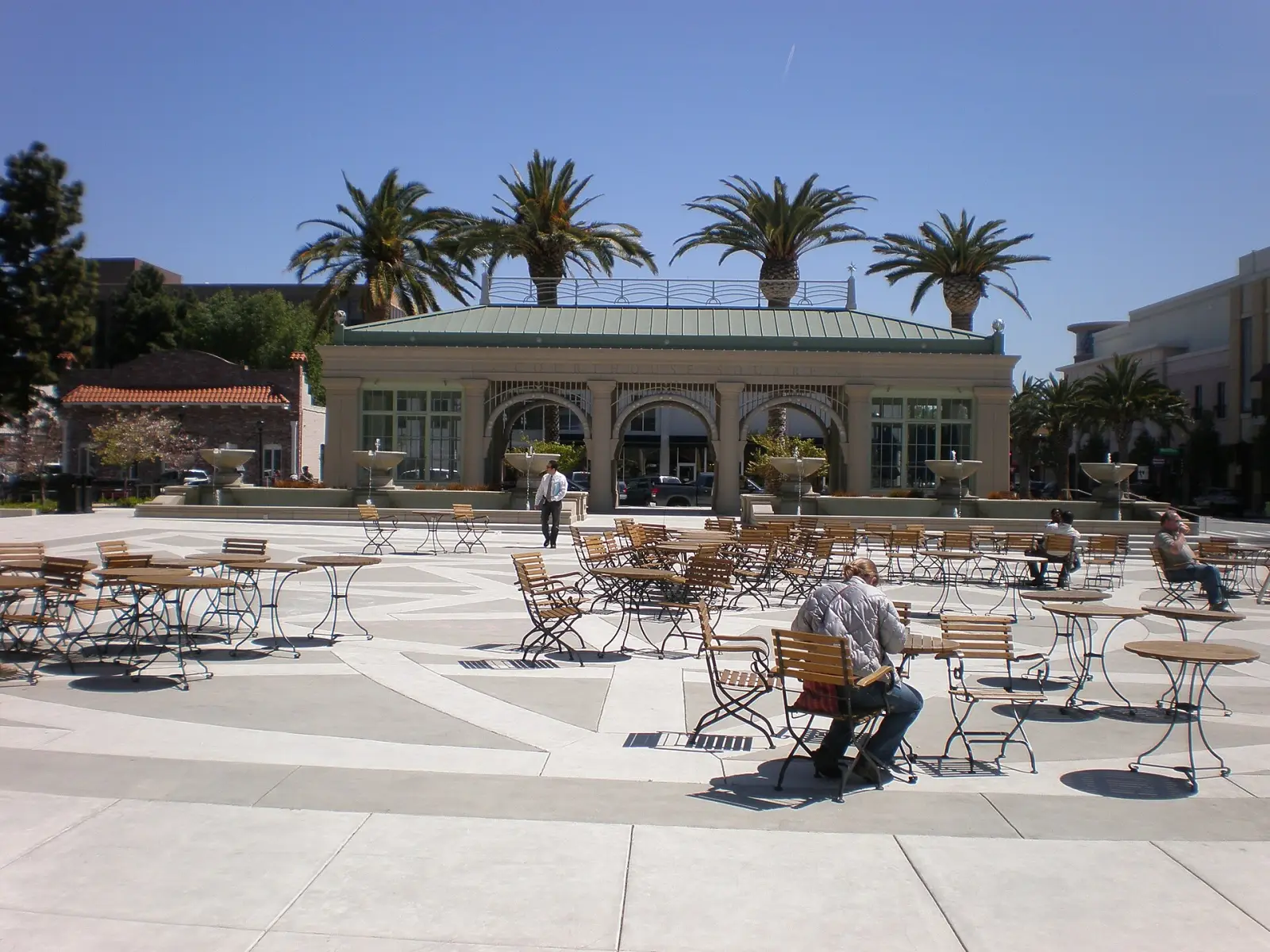Courthouse Square in downtown Redwood City, with palm trees and the historic courthouse