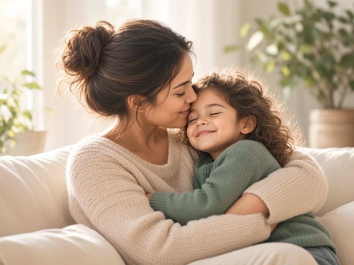 A mother hugging her smiling daughter