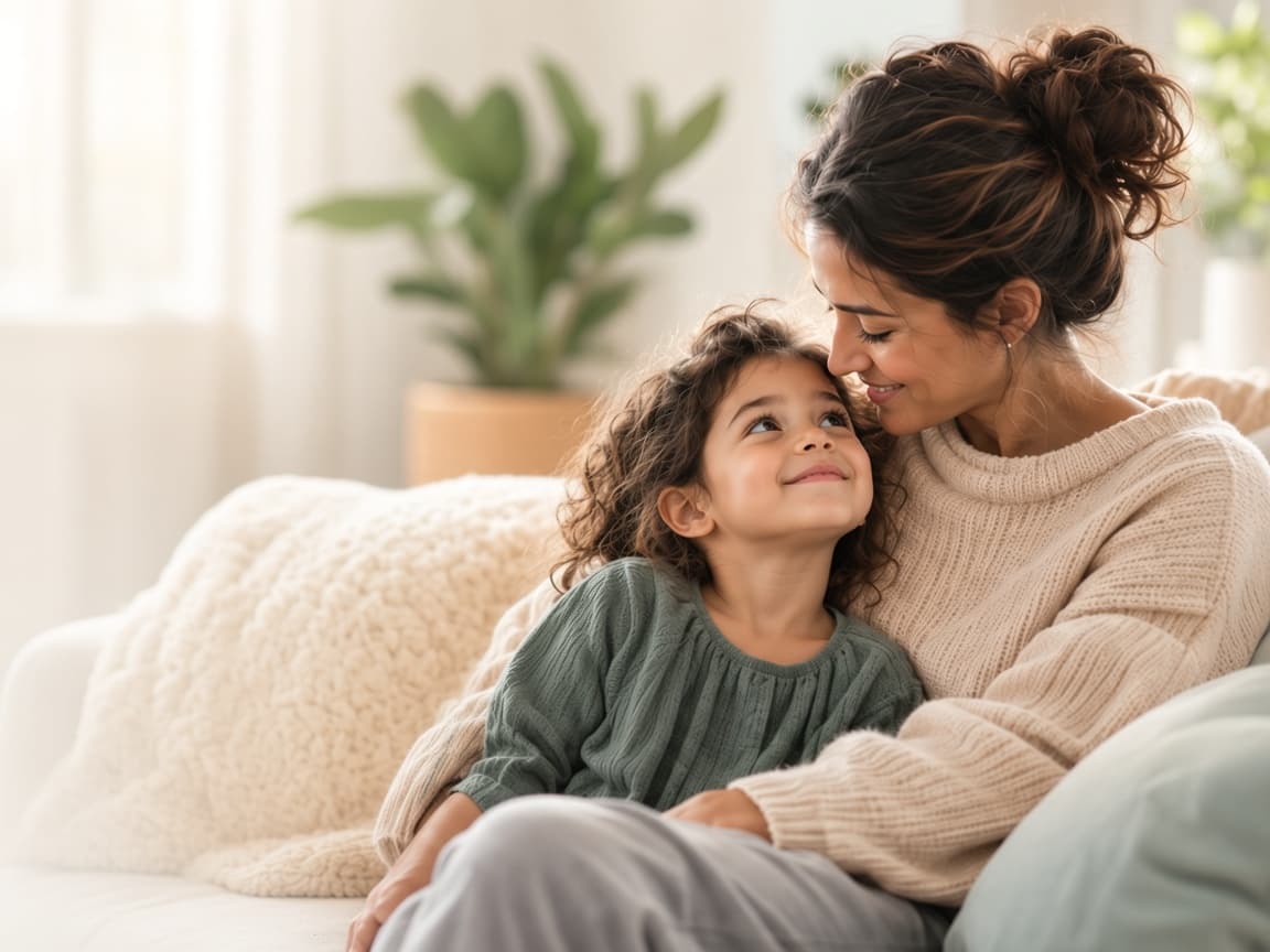 A mother and her young daughter sharing a quiet moment on the sofa
